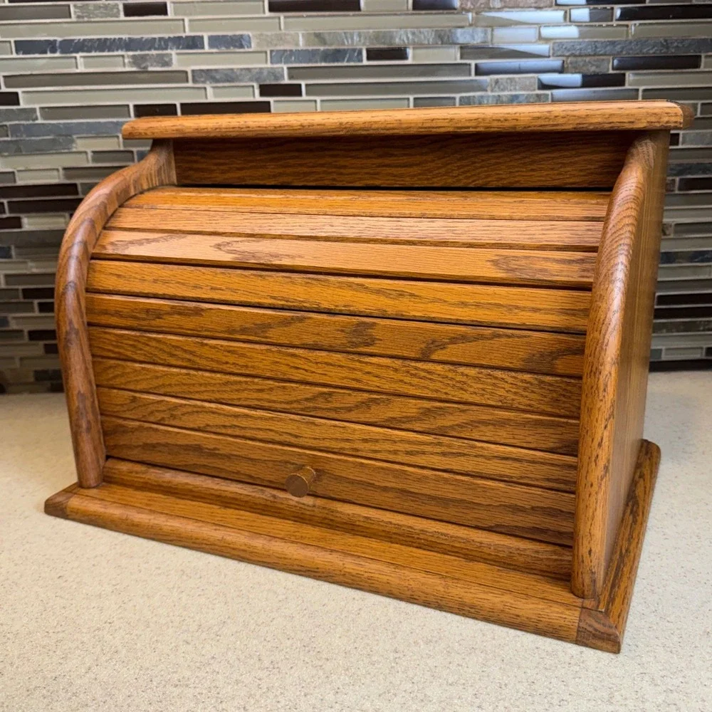 Vintage Solid Oak Roll Top Bread Box Handcrafted Amish Made Rustic Kitchen Decor